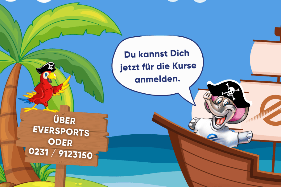 Bunte Grafik mit Pfau und Pirat, Schild mit Eventdatum und Anmeldem&ouml;glichkeiten, am Strand mit Palmen und Schiff.