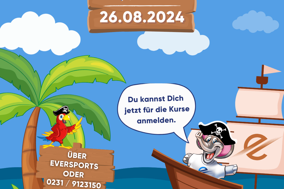 Bunte Grafik mit Pfau und Pirat, Schild mit Eventdatum und Anmeldemöglichkeiten, am Strand mit Palmen und Schiff.