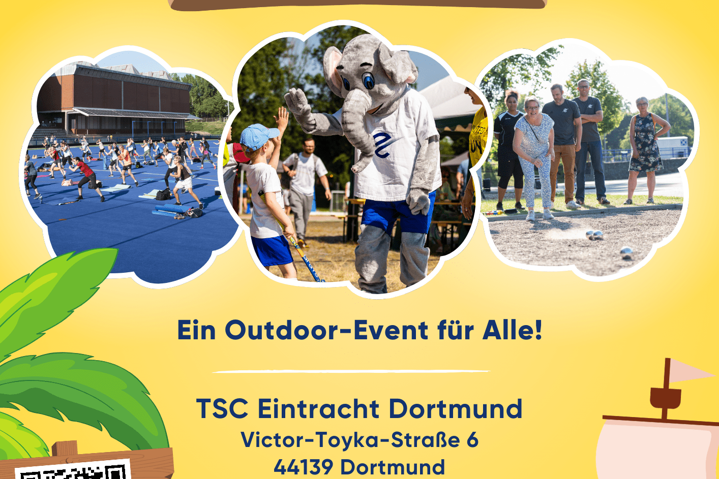 Buntes Eventplakat für ein Outdoor-Event, Datum, Uhrzeit und Veranstaltungsort sowie QR-Code sind sichtbar.