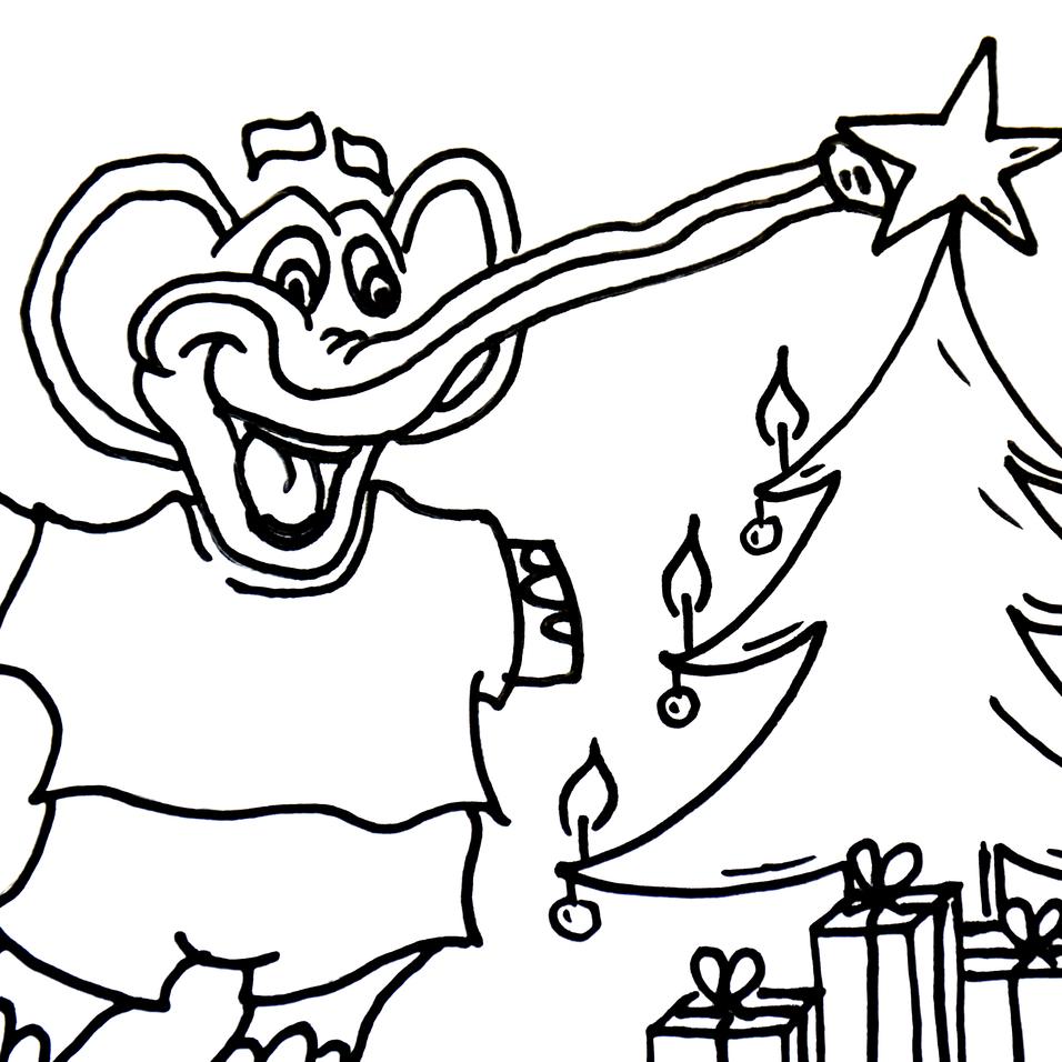 Strichzeichnung eines fröhlichen Elefanten, der einen Weihnachtsstern auf einen Baum zielt, umgeben von Geschenken.