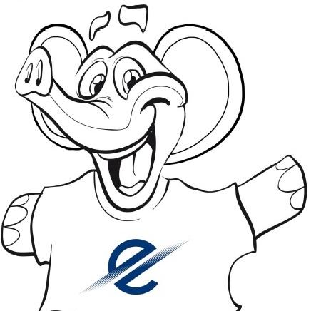 Ausmalbild eines fröhlichen Elefantenmaskottchens in Tshirt mit Logo des TSC Eintracht Dortmund.