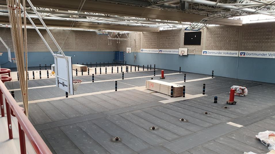 Blick in eine große Sporthalle mit Holzständen, Basketballkörben und mehreren Markierungsstangen auf dem Boden.