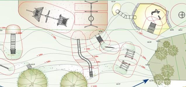 Schematische Darstellung eines Spielplatzes mit verschiedenen Spielgeräten und umgebenden Grünflächen.