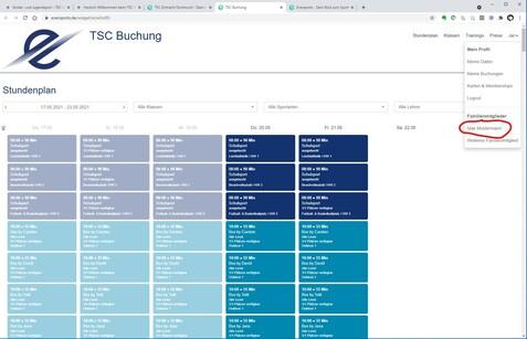 Screenshot eines Stundenplans auf einer Webseite mit Menüoption „Neue Buchung“ markiert.