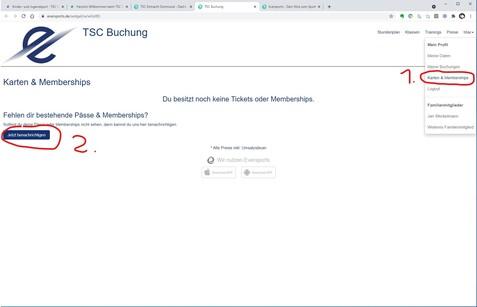 Screenshot einer Webseite mit dem Titel "TSC Buchung", emphasizing "Karten & Memberships" und einem Link zur Registrierung.