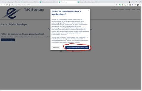 Popup-Fenster auf einer Webseite mit Informationen zu bestehenden Pässen und einem Button zum Akzeptieren von Rückerstattungen.
