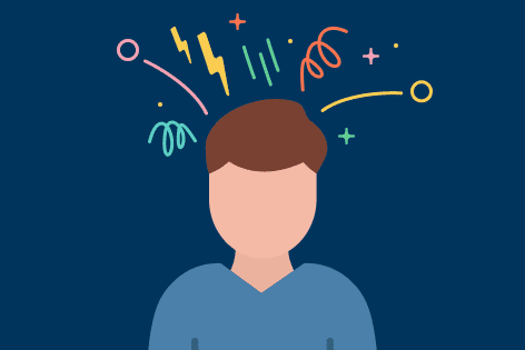 M&auml;nnliche Cartoonfigur mit braunen Haaren und blauer Kleidung, umgeben von bunten, grafischen Designelementen.