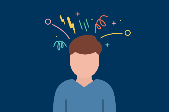 Männliche Cartoonfigur mit braunen Haaren und blauer Kleidung, umgeben von bunten, grafischen Designelementen.