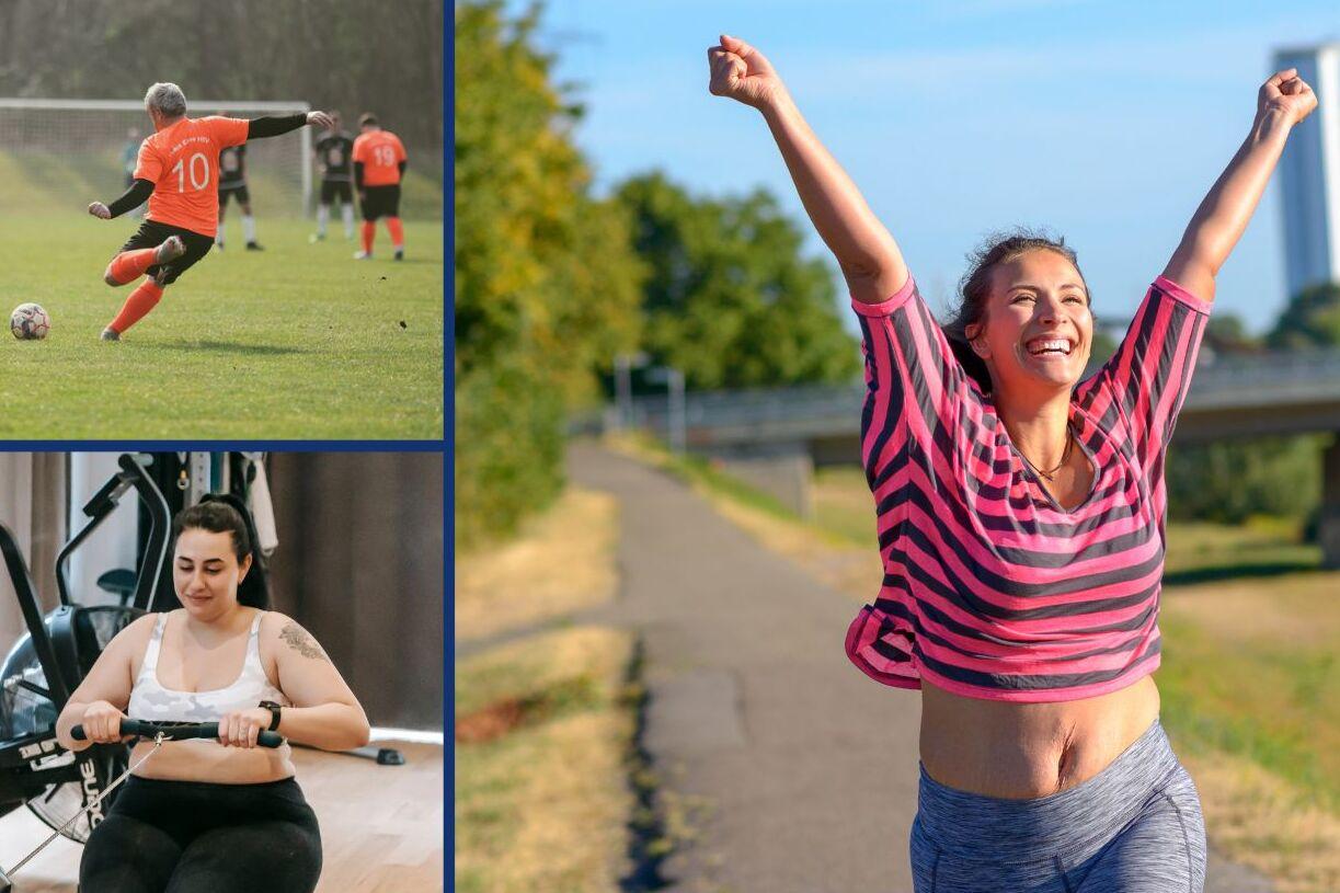 Drei Bilder: Fu&szlig;ballspieler im Spiel, Frau beim Training auf einer Fitnessmaschine und l&auml;chelnde Frau beim Joggen im Freien.