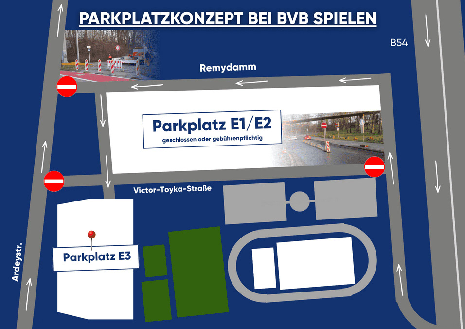Parkplatzkonzept für BVB-Spiele mit Anfahrtsweg, Parkplatz E1/E2 (geschlossen oder gebührenpflichtig) und E3.
