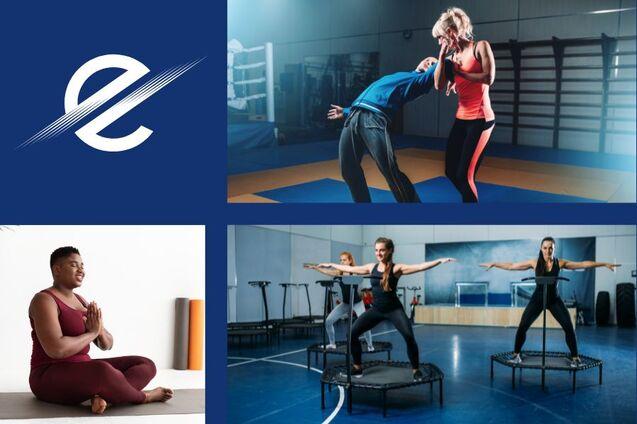 Kollage mit Sportmotiven: Selbstverteidigung, Yoga und Trampolinspringen in verschiedenen Trainingsszenen.