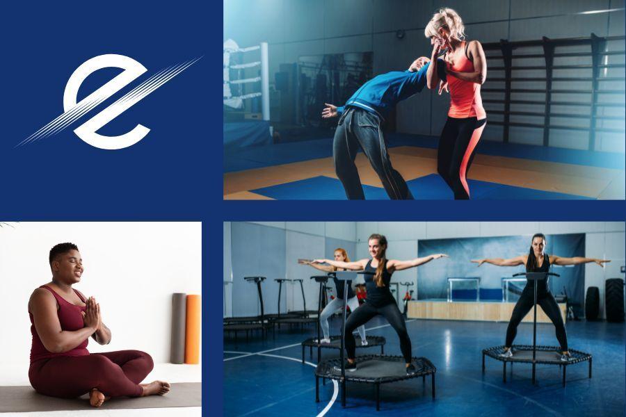 Kollage mit Sportmotiven: Selbstverteidigung, Yoga und Trampolinspringen in verschiedenen Trainingsszenen.