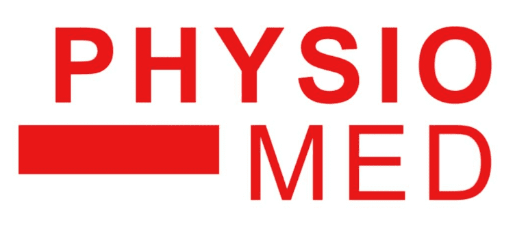 Logo von PHYSIO MED in roten Großbuchstaben auf weißem Hintergrund. Ein rotes Rechteck unterbricht „PHYSIO“.