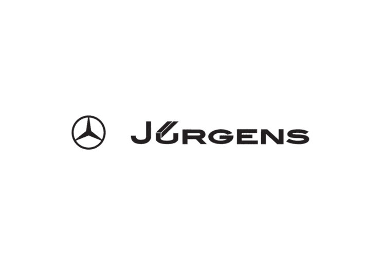 Logo von Mercedes-Benz mit dem Schriftzug &bdquo;J&uuml;rgens&ldquo; in schwarzer Schrift.
