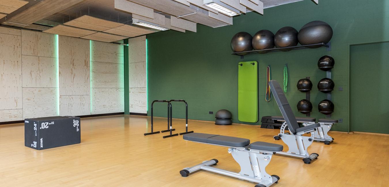 Fitnessraum mit Hanteln, Trainingsbank, Klimmzugstangen und einer schwarz-grauen Plyobox auf einem Holzfußboden.
