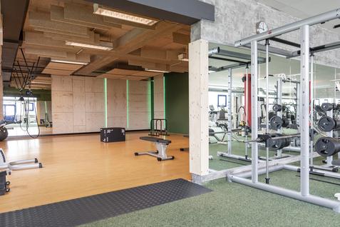 Blick in ein modernes Fitnessstudio mit Trainingsgeräten, freiem Raum und grüner Beleuchtung an den Wänden.