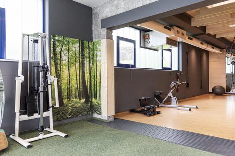 Fitnessraum mit verschiedenen Trainingsgeräten, einer Wandtapete mit Waldmotiv und einem Holzfußboden.