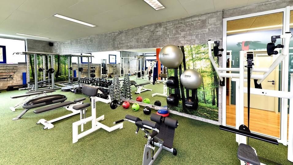 Fitnessraum mit verschiedenen Ger&auml;ten, Gewichten und einer gr&uuml;nen Rasenfl&auml;che sowie einer Wand mit Naturmotiven.