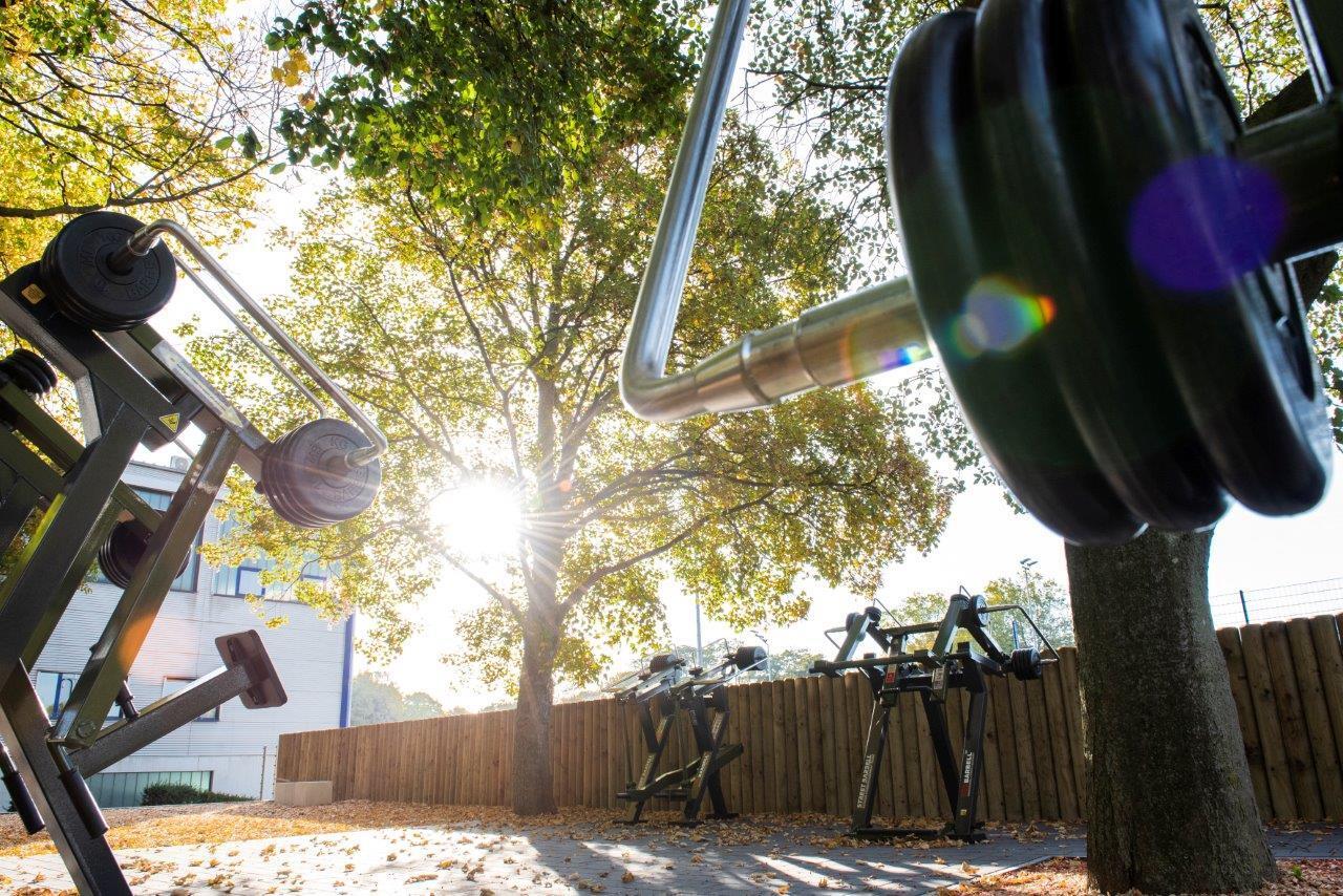 Fitnessgeräte im Freien, umgeben von Bäumen, bei Sonnenlicht, mit Gewichten im Vordergrund und hell erleuchtet.