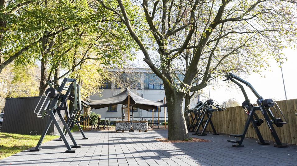Fitnessgeräte im Freien unter Bäumen, mit einem Pavillon und einem modernen Gebäude im Hintergrund.