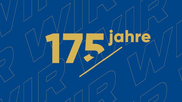 Blaue Hintergrundgrafik mit wiederholtem Wort "WIR" und goldener Schrift "175 jahre" im Vordergrund.