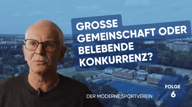 Portrait eines Mannes mit Brille, im Hintergrund eine Sportanlage und der Text: „Grosse Gemeinschaft oder belebenede Konkurrenz?“