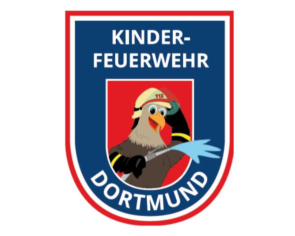 Das Logo der Dortmunder Kinderfeuerwehr zeigt einen Cartoon-Adler in Feuerwehrhelm mit Schlauch.