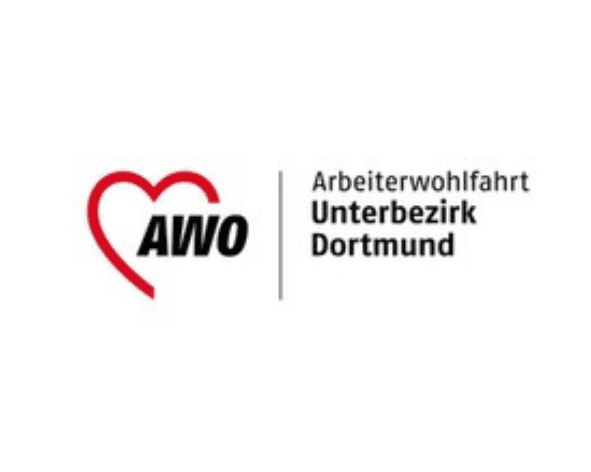 Logo der Arbeiterwohlfahrt (AWO) Unterbezirk Dortmund, bestehend aus Schriftzug und Herzsymbol.