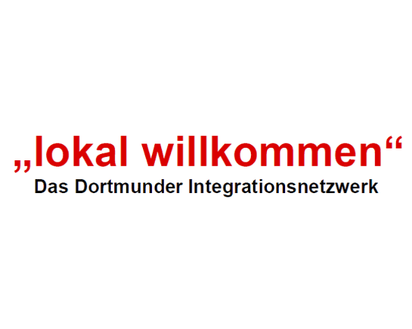Logo von &bdquo;lokal willkommen&ldquo;, dem Dortmunder Integrationsnetzwerk in roter Schrift auf wei&szlig;em Hintergrund.