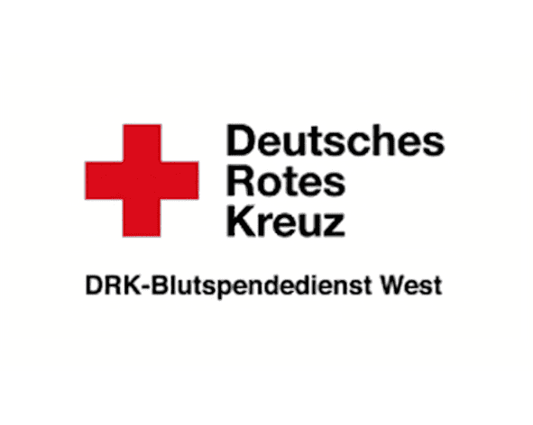 Logo des Deutschen Roten Kreuzes mit rotem Kreuz und Text: &bdquo;DRK-Blutspendedienst West&ldquo;.