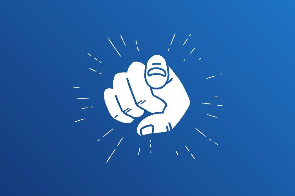 Minimalistische Illustration einer ausgestreckten Hand mit erhobenem Finger auf blauem Hintergrund.