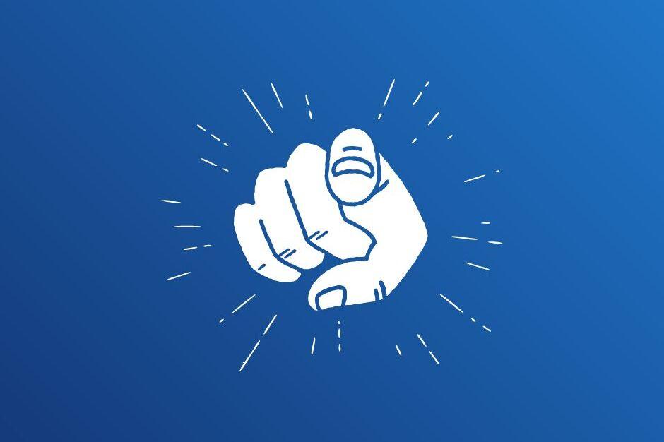 Minimalistische Illustration einer ausgestreckten Hand mit erhobenem Finger auf blauem Hintergrund.