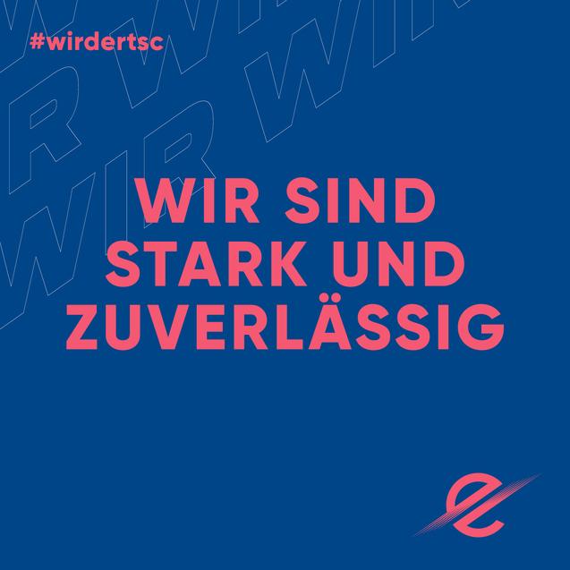 Blaues Hintergrundmotiv mit dem Text „WIR SIND STARK UND ZUVERLÄSSIG“ in großen, farbigen Buchstaben.