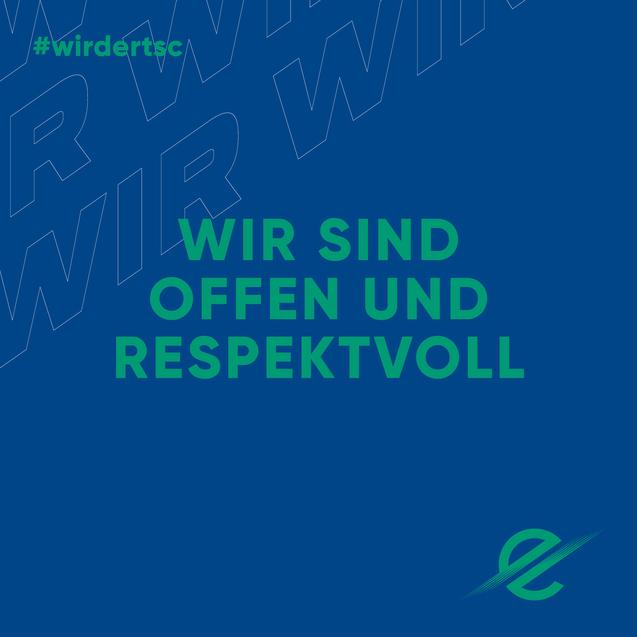 Grüner Text auf blauem Hintergrund: "Wir sind offen und respektvoll" mit Logo unten rechts und Hashtag oben links.