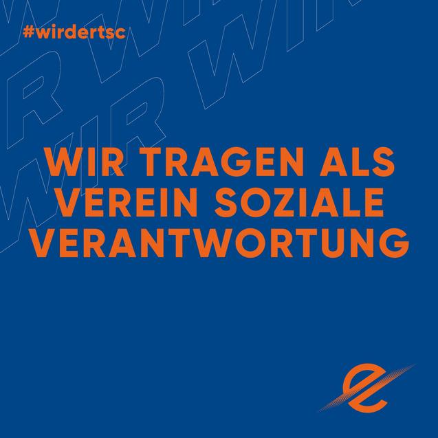 Text auf blauem Hintergrund: „Wir tragen als Verein soziale Verantwortung.“ Logo in der unteren rechten Ecke.