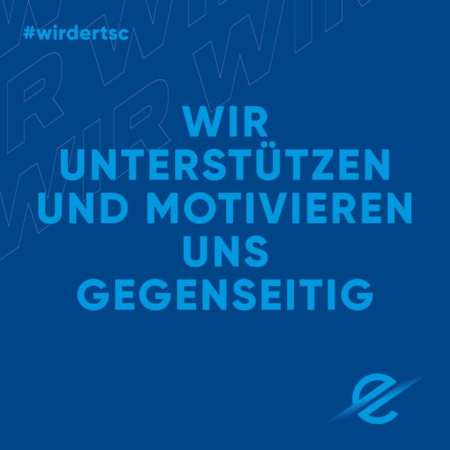 Blaues Hintergrunddesign mit dem Text „Wir unterstützen und motivieren uns gegenseitig“ in großen, hellblauen Buchstaben.