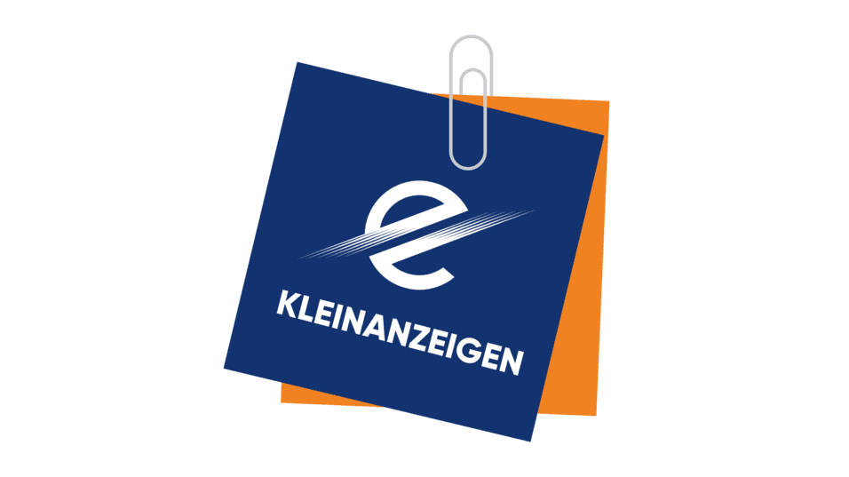 Logo mit dunkelblauem Hintergrund, weißem Schriftzug „KLEINANZEIGEN“ und stilisiertem „e“ in der Mitte.