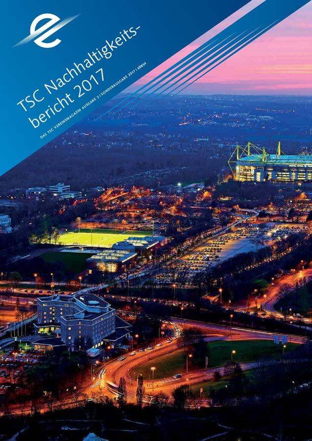 Farbbild des TSC Nachhaltigkeitsberichts 2017 mit einer beleuchteten Stadtansicht bei Sonnenuntergang.