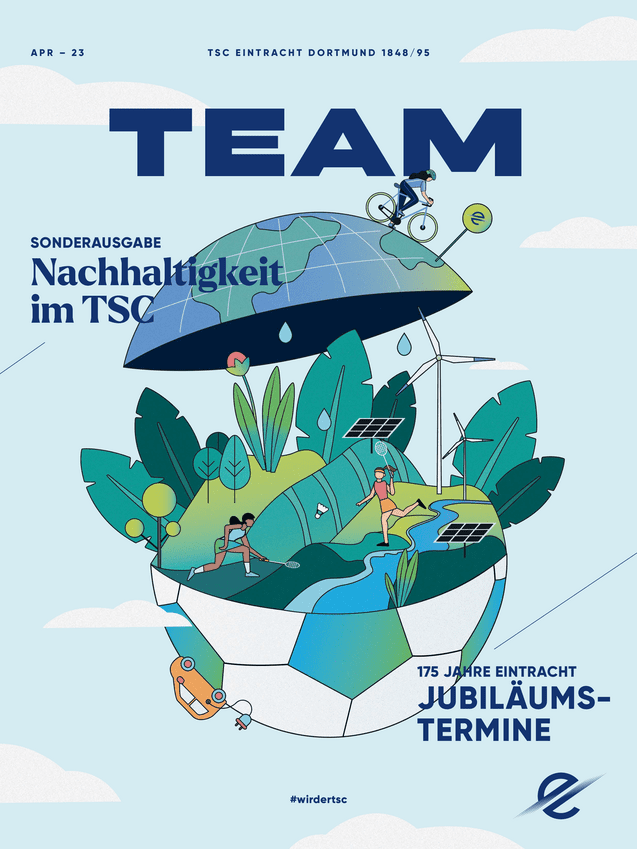 Illustration einer grünen Weltkugel mit Pflanzen, Sportlern und einem Fahrrad unter einem schützenden Schirm.