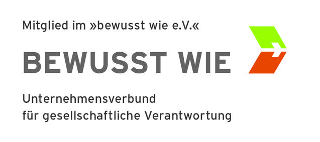 Logo des Vereins "bewusst wie e.V." mit dem Slogan "Unternehmensverbund für gesellschaftliche Verantwortung".