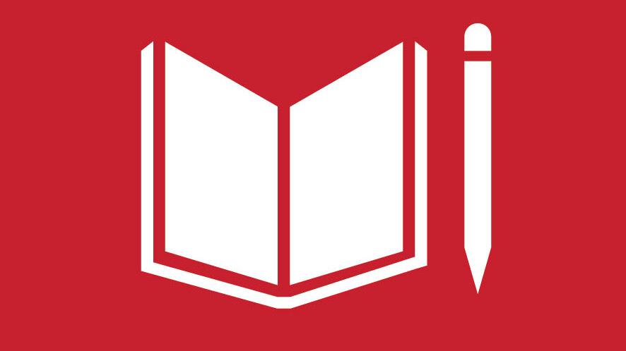 Symbol f&uuml;r hochwertige Bildung mit einem offenen Buch und einem Bleistift auf rotem Hintergrund.