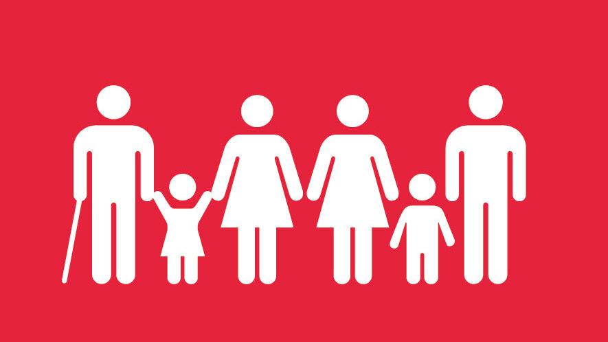 Symbolische Darstellung einer Familie mit sechs Personen auf rotem Hintergrund; Text: "1 Keine Armut".