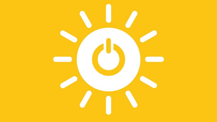 Symbol f&uuml;r bezahlbare und saubere Energie, bestehend aus einem Sonnenmotiv und einem Stromsymbol auf gelbem Hintergrund.