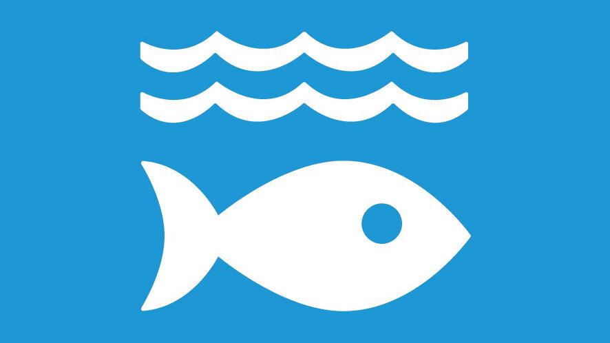 Symbol mit der Aufschrift &bdquo;14 LEBEN UNTER WASSER&ldquo; und einer wei&szlig;en Fischsilhouette unter gewellten Linien auf blauem Hintergrund.