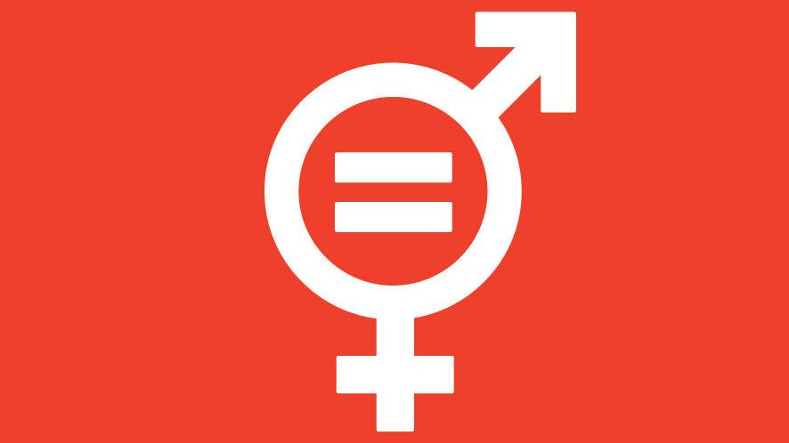Symbol f&uuml;r Geschlechtergleichheit mit m&auml;nnlichem und weiblichem Geschlechtszeichen auf rotem Hintergrund.