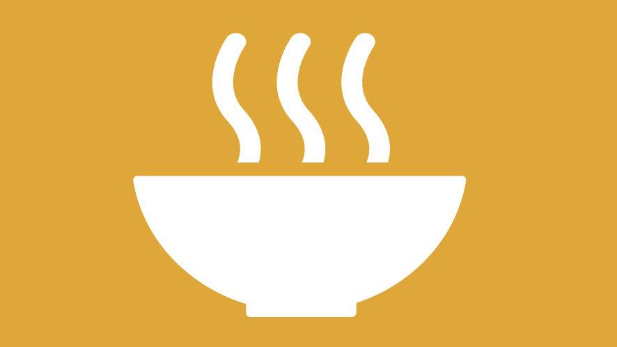 Symbol f&uuml;r Ziel 2 &bdquo;Kein Hunger&ldquo;: Wei&szlig;e Sch&uuml;ssel mit dampfenden Linien auf gelbem Hintergrund.
