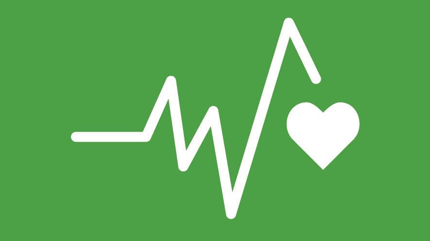 Icon f&uuml;r Gesundheit und Wohlergehen mit Herzsymbol und Liniengrafik auf gr&uuml;nem Hintergrund.
