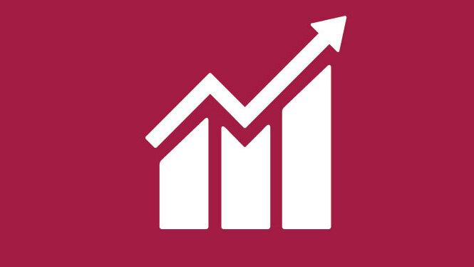 Grafik mit der Nummer 8 und dem Titel &bdquo;Menschenw&uuml;rdige Arbeit und Wirtschaftswachstum&ldquo;, begleitet von einem Diagramm.