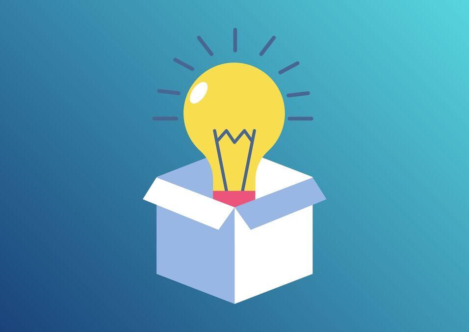 Illustration einer geöffneten Box mit einer Glühbirne, die aus ihr herausragt und strahlt.