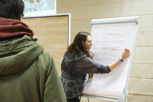 Eine Frau schreibt an einem Flipchart, w&auml;hrend eine Person im Hintergrund zuschaut. Flipchart enth&auml;lt verschiedene Themen.